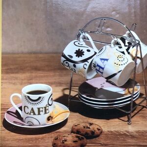 Abstract Espresso Cups & Saucers Cafe Themed Cups With Chrome Display‎ Rack NWT